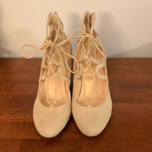 Unisa Cream Vintage Look Lace-Up Block Heels - Picture 2 of 11
